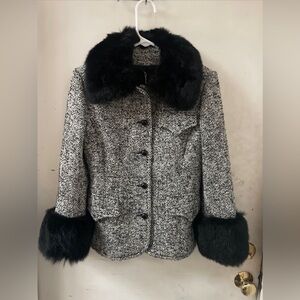 Vintage Devon Hall Robert Paul Taboh Black White Tweed Wool Fur Collar Cuffs S M